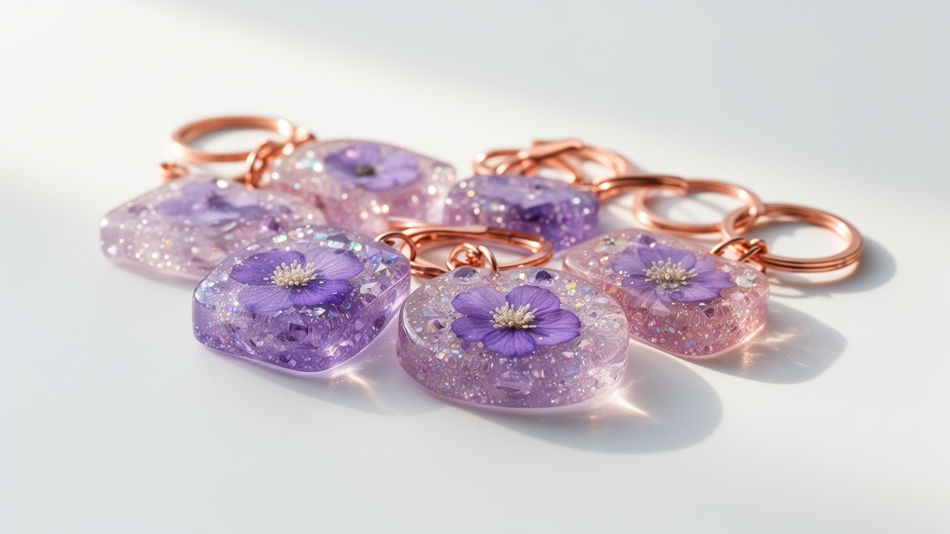 Handcrafted resin art keychains with embedded flowers